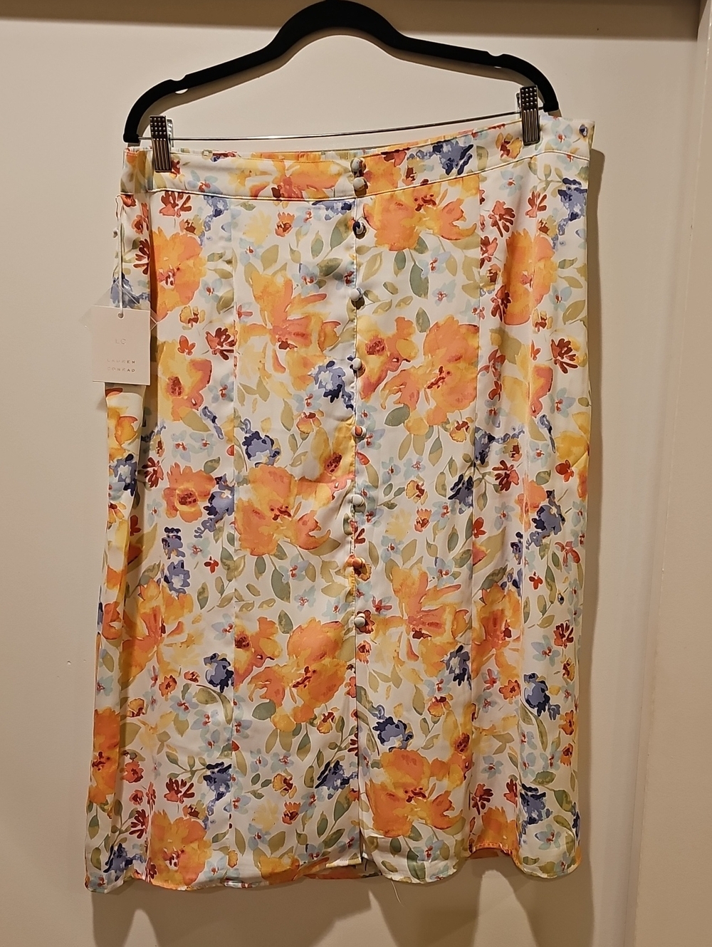 LC Lauren Conrad Cream Midi Skirt with Yellow Orange Floral Print